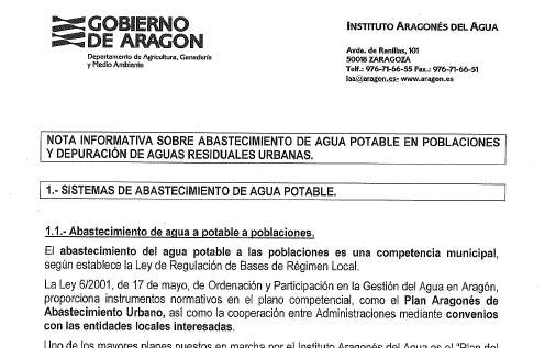 Nota informativa sobre abastecimiento de agua potable en poblaciones y depuración de aguas residual 19/12/2012