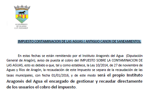 Nota informativa sobre impuesto contaminación de las aguas (antiguo canon de saneamiento) 03/01/2017